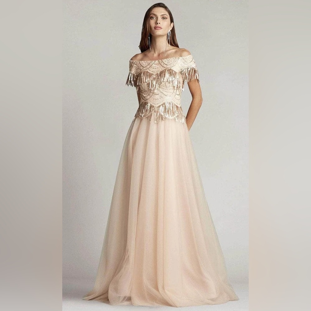 TADASHI SHOJI - GOLD FLAPPER FRINGE EMBROIDERED TULLE OFF THE SHOULDER BALL GOWN